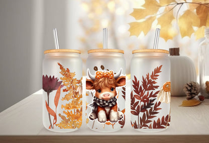 Cup Wrap Decal - Fall Floral Wrap With Cow Girl Design, 16 oz Glass Mug Sticker