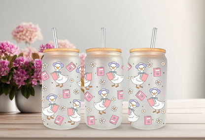 UVDTF Wrap Goose Books 16oz Can Glass Mug Tumbler Wrap, Geese Wrap, Ready to apply, Permanent Adhesive, Double sided option