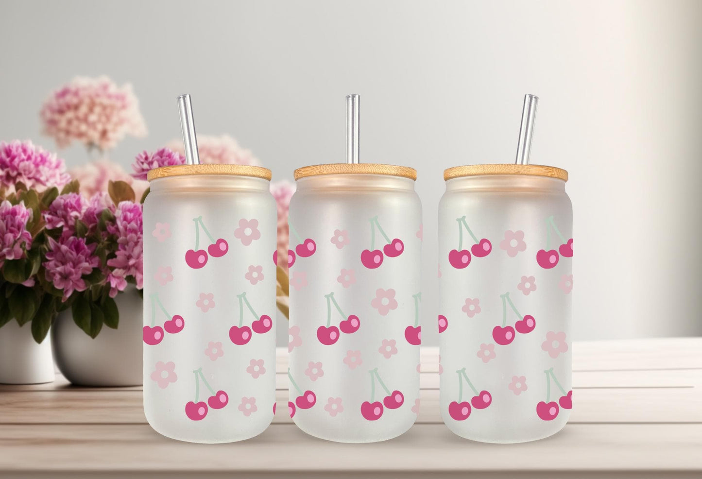 Floral Cherry Wrap - 16oz Can Glass Mug Wrap With Waterproof Permanent Adhesive