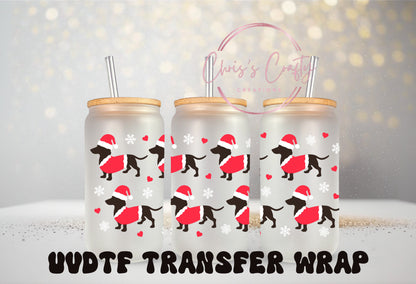 UVDTF Wrap Santa Dachshund 16oz Can Glass Mug Tumbler, Dachshund Wrap, Ready to apply, Double sided print, Permanent Adhesive