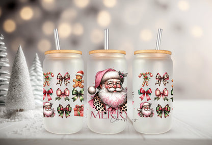 UVDTF Wrap Santa Merry Christmas Coquettes Bows 16oz Can Glass, Mug, Tumbler, Ready to Apply, Permanent Waterproof Adhesive