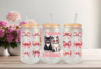 UVDTF Wrap Valentine’s Cat Feline the Love Tonight 16oz Can Glass Mug Tumbler, Valentine wrap, Ready to Apply, Permanent Waterproof Adhesive