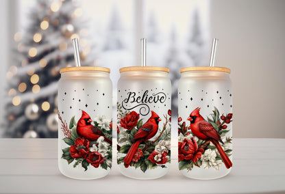 UVDTF WRAP Cardinal Believe Christmas 16oz Can Glass Mug Tumbler, Ready to apply, Waterproof Permanent Adhesive