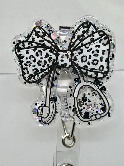 Badge Reel Stethoscope Bow Coquette, Leopard Bow Badge, Funny Sarcastic Badge Reel, Detachable Hook-and-Loop Option, Graduation & Office Gif