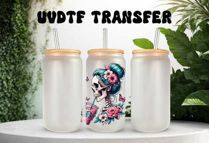 UVDTF Decal Retro Skeleton Girl Iced Coffee 16oz Can Glass, Mug, or Tumbler, Ready to Apply, Permanent Waterproof Adhesive, add on a cup
