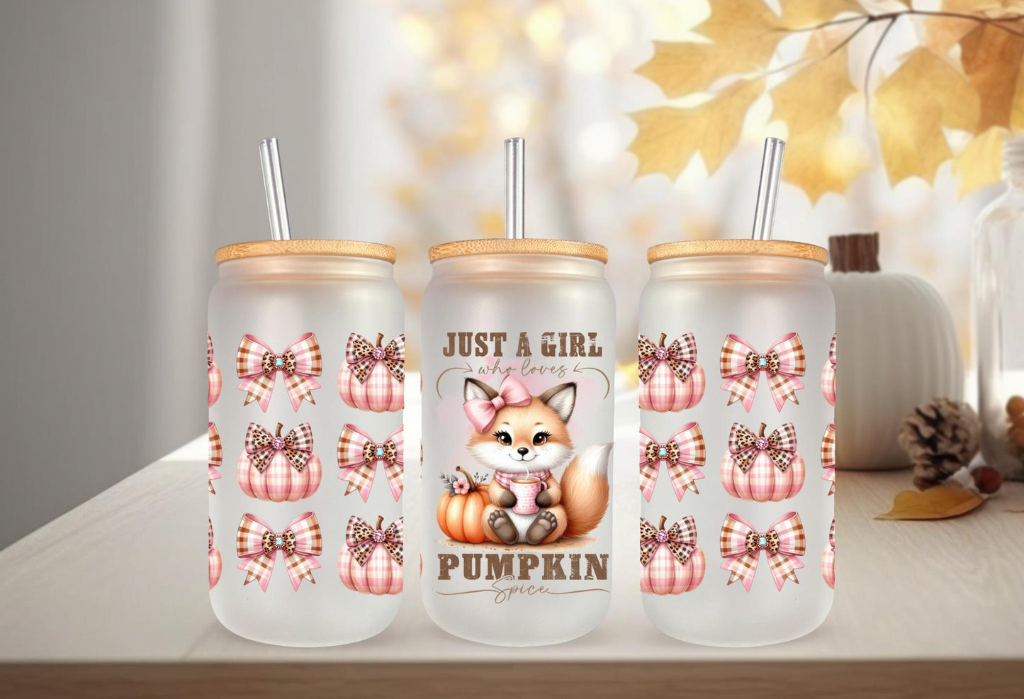 UVDTF Wrap Just a Girl Who Loves Pumpkin Spice for 16oz Can Glass Mug Tumbler, Fox Wrap, Ready to apply, Permanent Waterproof adhesive