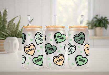 UVDTF Wrap St.Patrick Conversation Hearts 16oz Can Glass Mug Tumbler, Heart Wrap, Ready to apply, Permanent Waterproof Adhesive