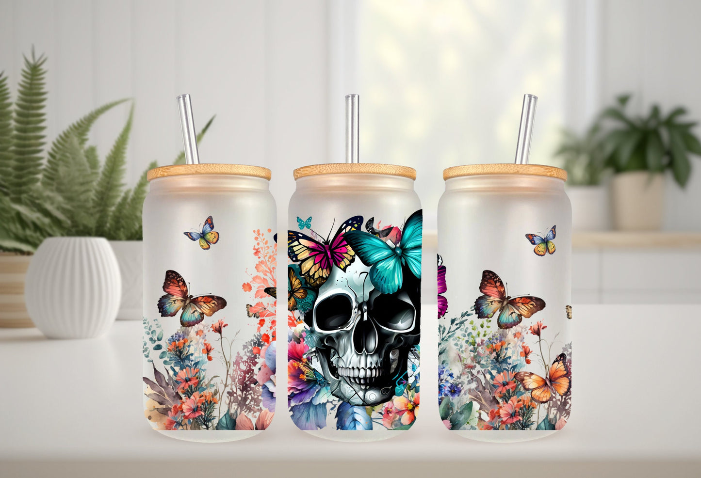 Glass Mug Tumbler Wrap – 16oz Can Skull Floral Butterfly Double Sided Sticker