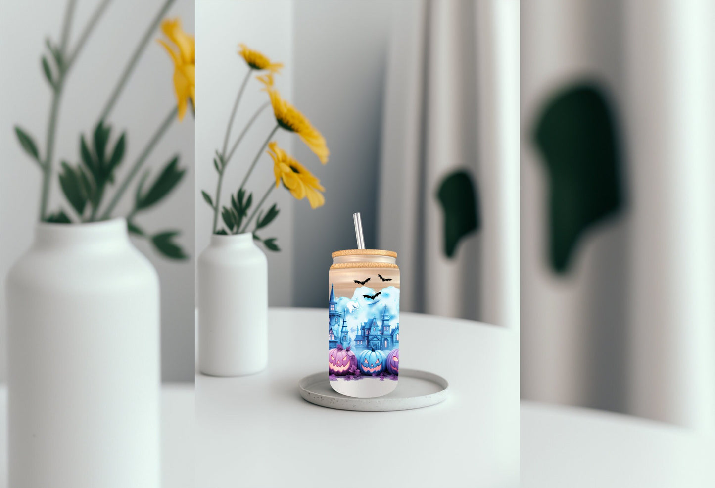 UVDTF Wrap Spooky Bats Pumpkins Haunted House 16 oz Can Glass, Mug,  40 oz  Wrap, Ready to apply, Permanent Adhesive, Double sided print