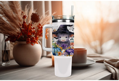 UVDTF Wrap Cow Witch Blue Floral Pumpkin 16oz Can Glass, Mug, Tumbler, Ready to Apply, Permanent Waterproof Adhesive