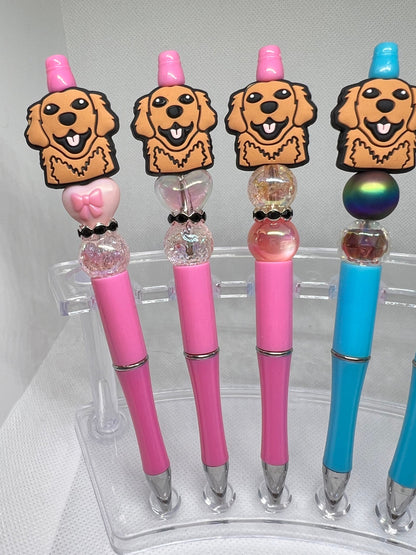 Golden Retriever Dog Beaded Pen Pink Blue Gold, Fun Pens Acrylic  Beads, Beaded Pen, Retractable Ink Pen, Gifts