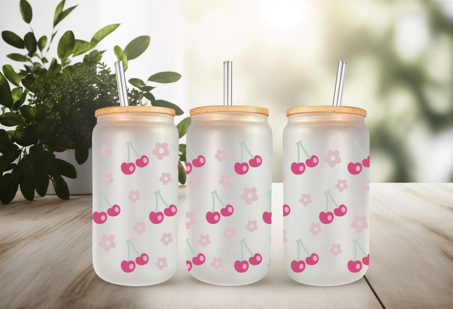 Floral Cherry Wrap - 16oz Can Glass Mug Wrap With Waterproof Permanent Adhesive