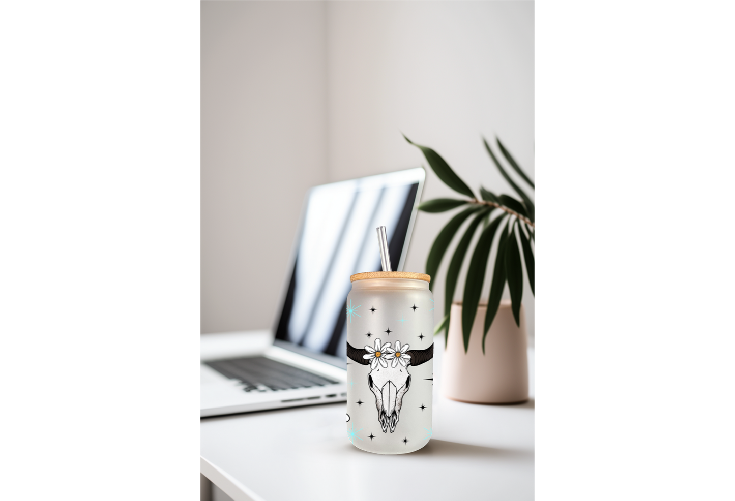 UVDTF Wrap Daisy Butterfly Cow Skull for 16oz Can Glass Mug Tumbler, Ready to apply, Permanent Waterproof Adhesive, Double Sided Option
