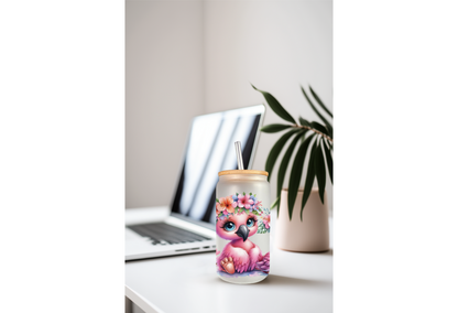 Floral Pink Flamingo UVDTF Wrap For 16oz Can Glass Tumbler, Ready to apply, Permanent Waterproof Adhesive
