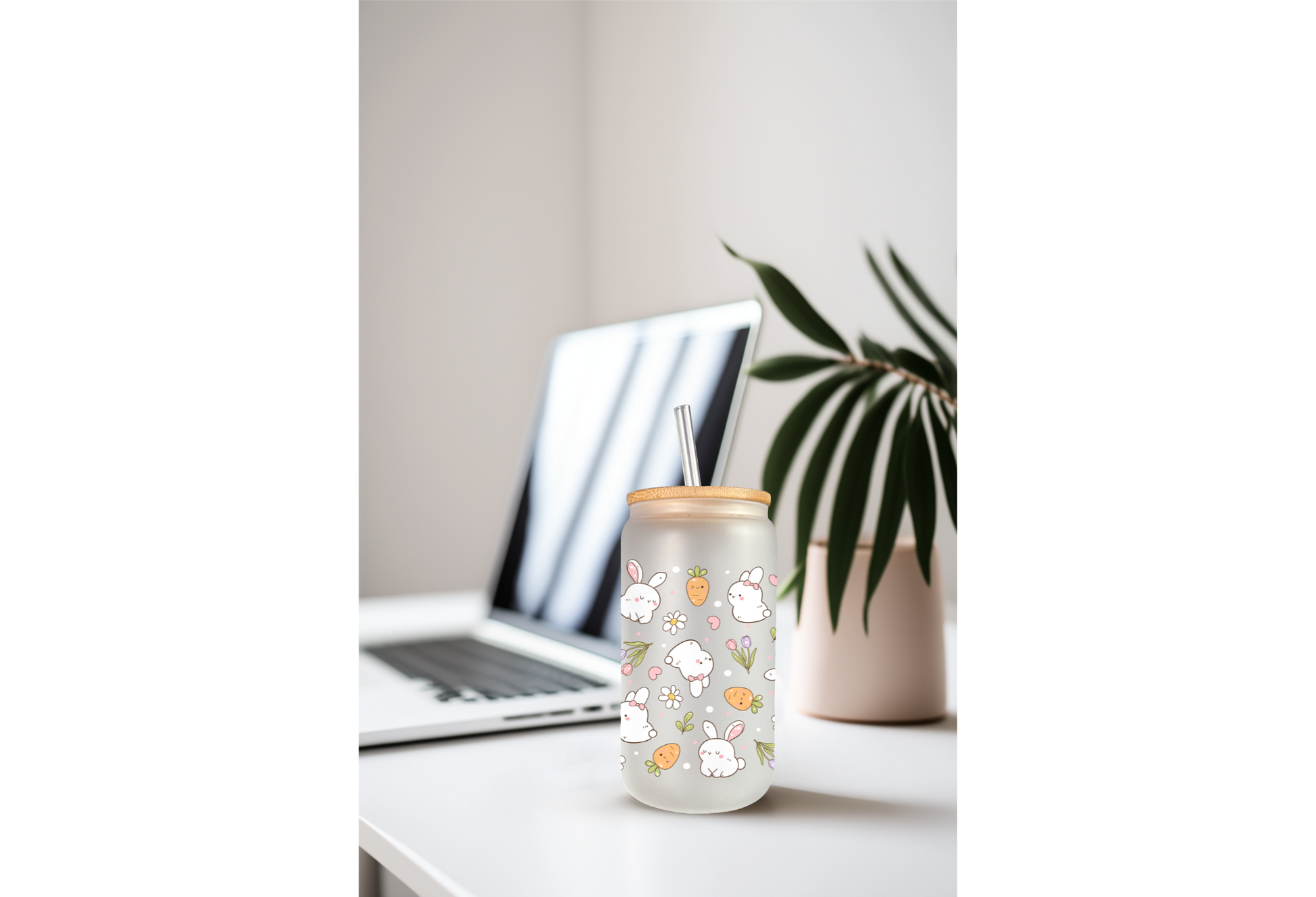 Product mockup of three 16oz glass cans featuring a Retro Bunny and Carrots UVDTF wrap with white bunnies, orange carrots, and spring flowers