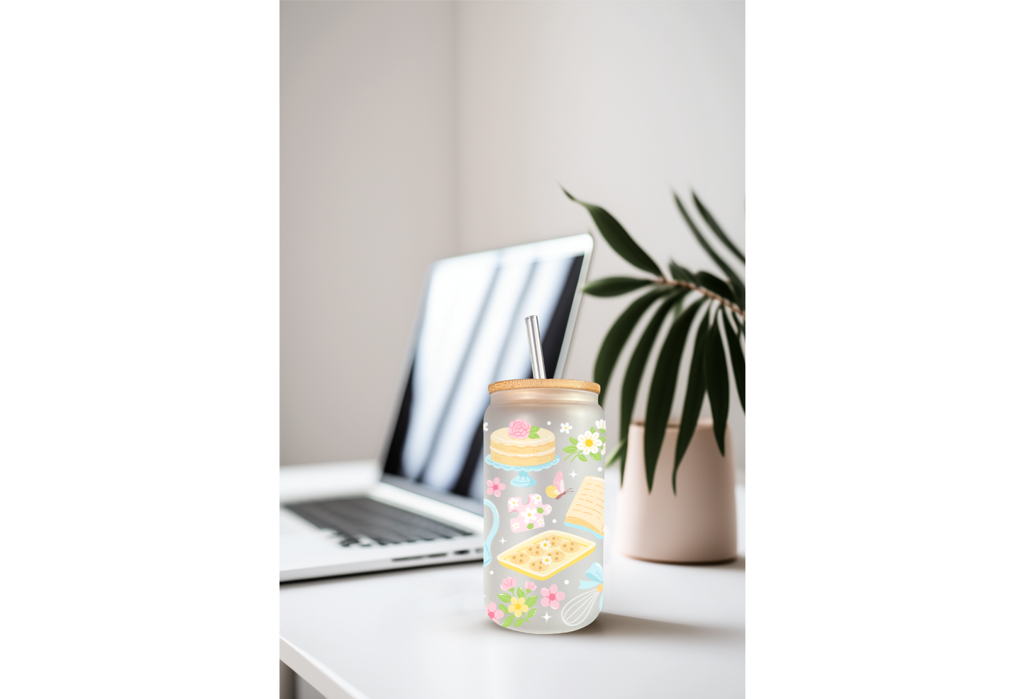 Mockup of three frosted glass cans with floral and hobby-themed UVDTF transfers, including bookish and crafty designs.
