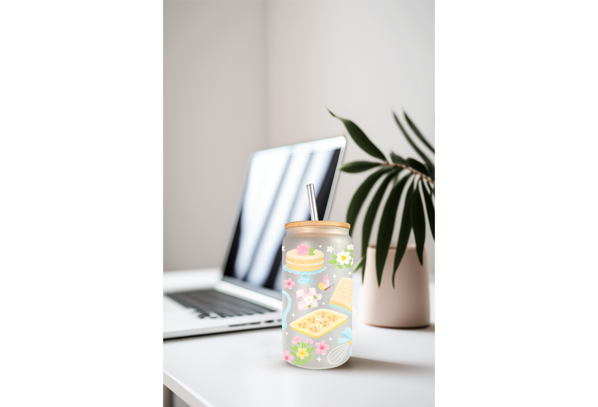 Mockup of three frosted glass cans with floral and hobby-themed UVDTF transfers, including bookish and crafty designs.