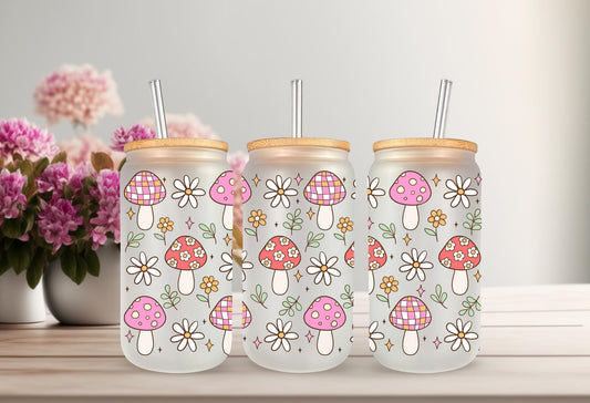 UVDTF Wrap Mushroom Daisy Bow 16oz Can Glass Mug Tumbler, Spring Mushroom Wrap, Ready to apply, Permanent Waterproof Adhesive