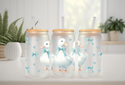 UVDTF Wrap Goose Blue Bows 16oz Can Glass Mug Tumbler, Ready to apply, Permanent Adhesive, Double sided option
