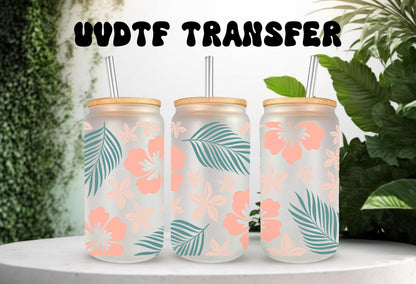 UVDTF Wrap Hibiscus Tropical Flower 16oz Can Glass Mug Tumbler, Ready to Apply, Permanent Waterproof Adhesive