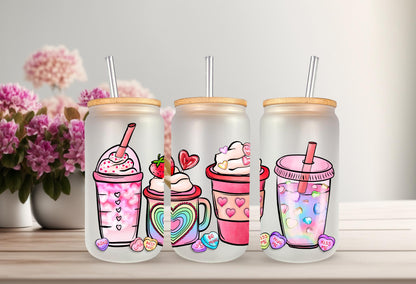 UVDTF Wrap Pink Valentines Iced Coffee Latte 16oz Can Glass Mug Tumbler, Ready to Apply, Permanent Waterproof Adhesive, Double Sided Options