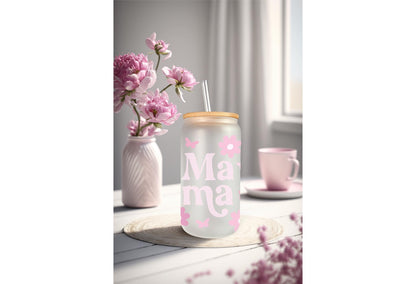 UVDTF Wrap Mama Floral Butterfly 16oz Can Glass Mug Tumbler, Ready to Apply, Permanent Waterproof Adhesive, Mom Gift