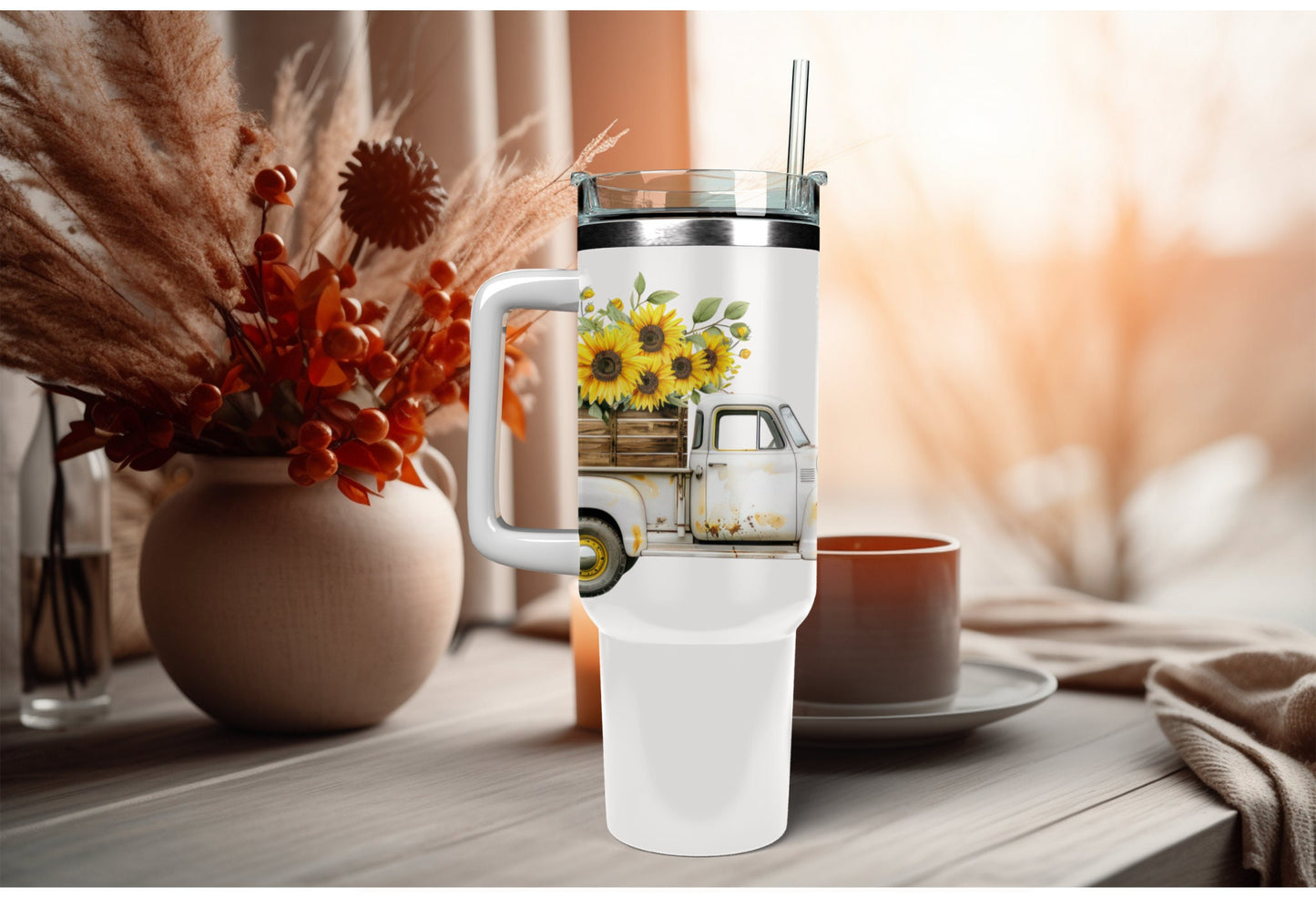UVDTF Wrap Sunflower Vintage Truck Fall 16 oz Can Glass, Mug, Tumbler, Double Sided Print Option, Ready to Apply, Permanent Adhesive