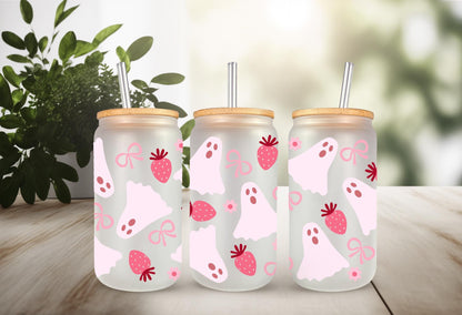 UVDTF Wrap Strawberry Boo Bow 16oz Can Glass Wrap Mug Tumbler, Nail Polish Wrap, Ready to Apply, Permanent Waterproof Adhesive