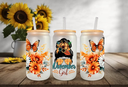UVDTF Wrap Fall Mom Bun November Girl Floral Butterfly 16oz Can Glass, Mug,  40oz  Tumbler, Fall Wrap, Ready to apply, Permanent Adhesive