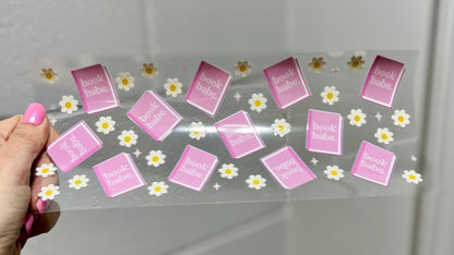UVDTF Wrap Book Babe Pastel Pink 16oz Can Glass Mug Tumbler, Ready to apply, Permanent Waterproof Adhesive, Add on a Cup