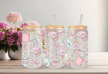 UVDTF Wrap Books Daisy Bow 16oz Can Glass Mug Tumbler, Ready to Apply, Permanent Waterproof Adhesive