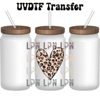UVDTF Decal LPN Nurse Leopard Heart, 16oz Can Glass, Mug, or Tumbler, Shot glass, Keychain, Ready to Apply, Permanent Adhesive Waterproof