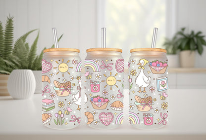 UVDTF Wrap Spring Floral Goose Picnic 16oz Can Glass Mug Tumbler Wrap, White Goose, Ready to apply, Permanent Waterproof Adhesive