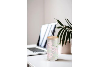 UVDTF Wrap Floral Bows Coquette 16oz Can Glass Mug Tumbler, Ready to Apply, Permanent Waterproof Adhesive, Double Sided Option
