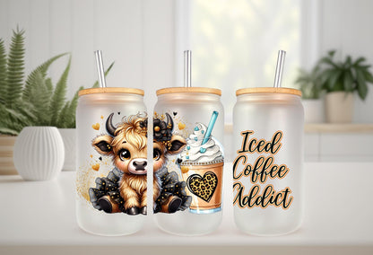UVDTF Wrap Highland Cow Tutu Coffee Addict Leopard 16oz Can Glass Mug Tumbler Wrap, Ready to apply, Permanent Waterproof Adhesive
