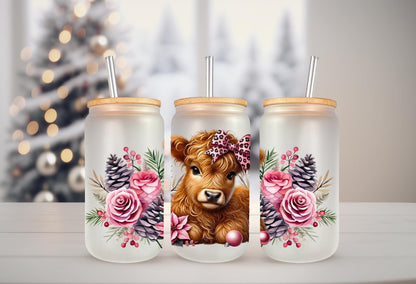 16oz Can Glass Wrap - Highland Cow Pink Floral Pine Cone Design, Permanent Adhesive