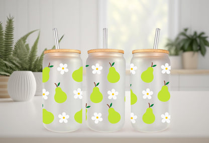UV DTF Wrap Pears & Daisy for 16oz Can Glass Mug Tumbler, Ready to Apply, Permanent Waterproof Adhesive