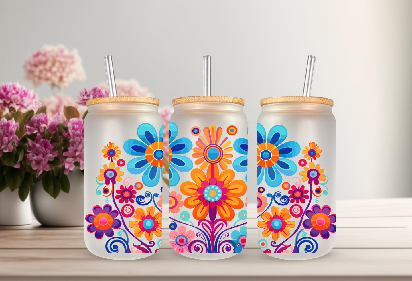 UVDTF Wrap Colorful Retro Flowers 16oz Can Glass Mug Tumbler,  Ready to apply, Permanent Waterproof adhesive