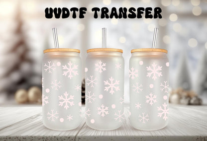 UVDTF Wrap Light Pink Snowflakes 16oz Can Glass Mug Tumbler, Ready to Apply, Permanent Waterproof Adhesive
