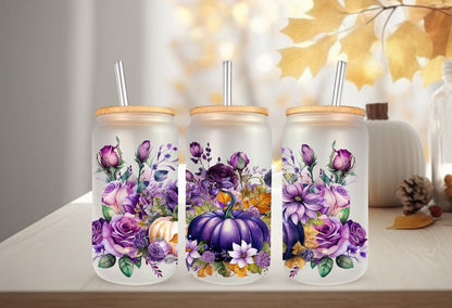 UVDTF Wrap Fall Pumpkin Purple Floral 16oz Can Glass  Mug Tumbler Wrap, Ready to apply, Permanent Adhesive, Double sided option