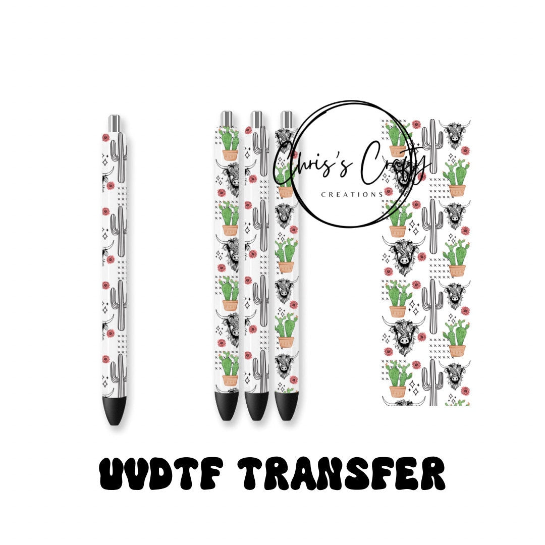 UVDTF Pen Wrap Highland Cow Cactus, Cow Wrap, Permanent Adhesive Waterproof