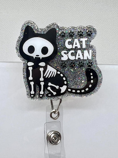 Funny CAT SCAN Badge Reel – Black Cat Skeleton Design with Glittery Paw Print Background, ID Holder for Professionals