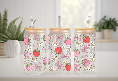 UVDTF Wrap Strawberry Daisy Bow 16oz Can Glass Mug Tumbler, Ready to apply, Permanent Waterproof Adhesive
