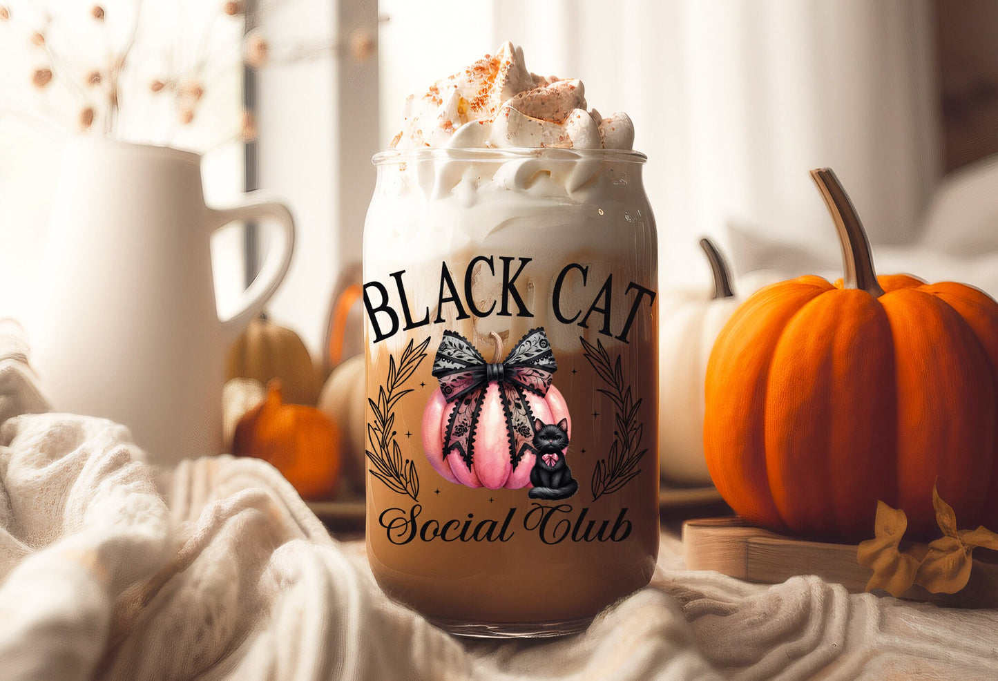UVDTF Wrap Black Cat Social Club Pink Pumpkin Coquettes Bows 16oz Can Glass, Mug Tumbler, Ready to Apply, Permanent Waterproof Adhesive