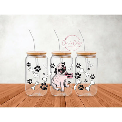 UVDTF Wrap Pug Mom 16oz Can Glass Mug Tumbler, Dog Mom Wrap, Ready to apply, Permanent Waterproof Adhesive
