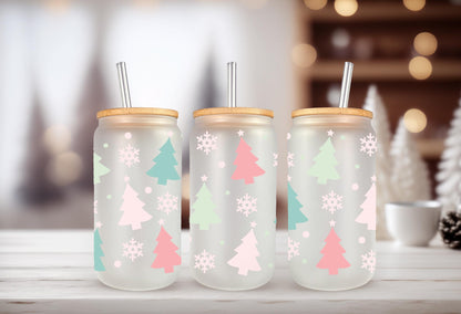 UVDTF Wrap Pastel Trees Snowflakes for 16oz Can Glass Mug Tumbler, Ready to Apply, Permanent Waterproof Adhesive