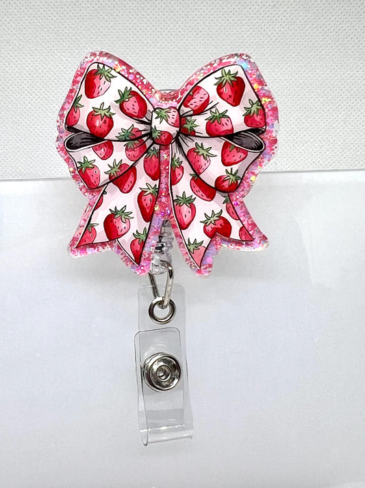 Strawberry Bow Badge Reel – Glittery Pink Design for ID Holders and Cute Accessories