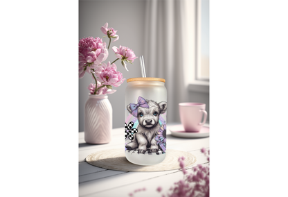 UVDTF Wrap Highland Cow Checkered Daisy 16oz Can Glass Mug Tumbler Wrap, Ready to apply, Permanent Adhesive