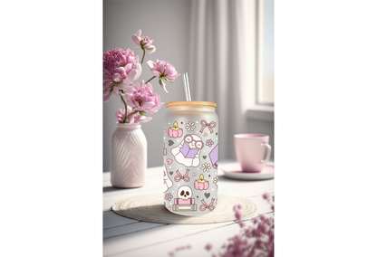 UVDTF Wrap floral Ghost Books 16oz Can Glass Mug Tumbler Wrap, Ready to apply, Permanent Waterproof Adhesive, Double sided option (Copy)