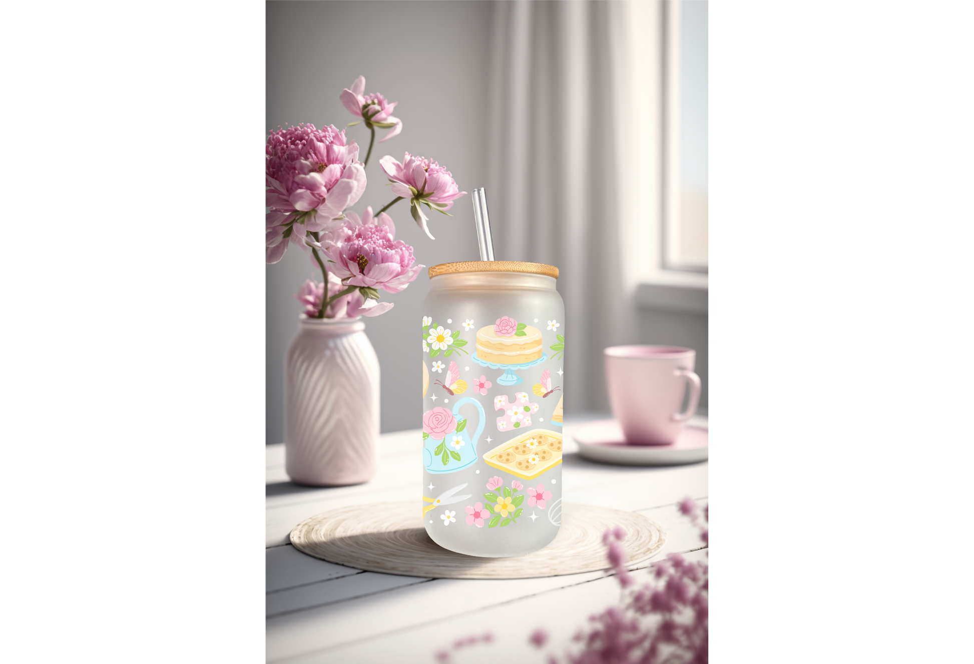 Mockup of three frosted glass cans with floral and hobby-themed UVDTF transfers, including bookish and crafty designs.